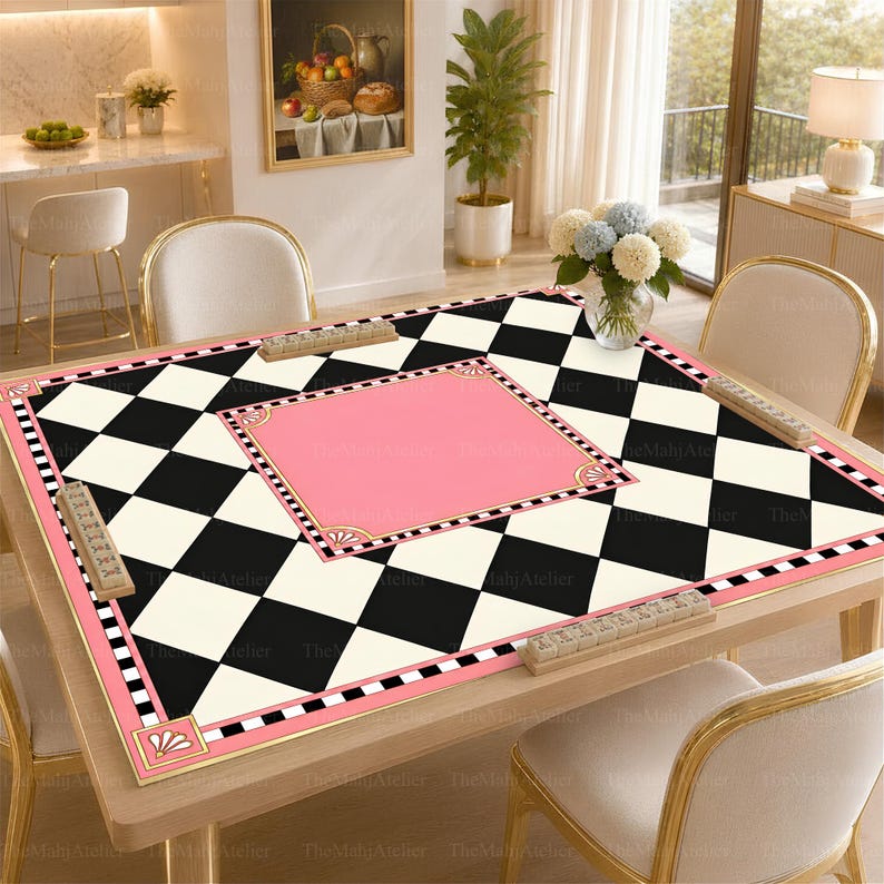 Pink & Black Harlequin Checkerboard Mahjong Mat, Preppy Geometric Game Mat, Non-slip Table Cover