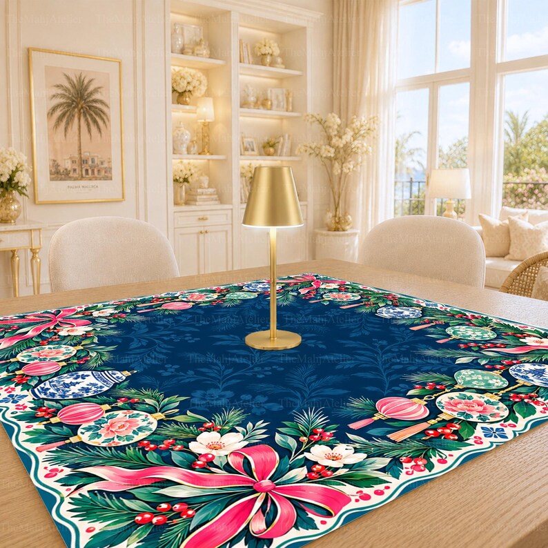 Navy Blue Chinoiserie Christmas Mahjong Mat, Pink Bow & Porcelain Ornament Game Mat, Non-slip Table Cover