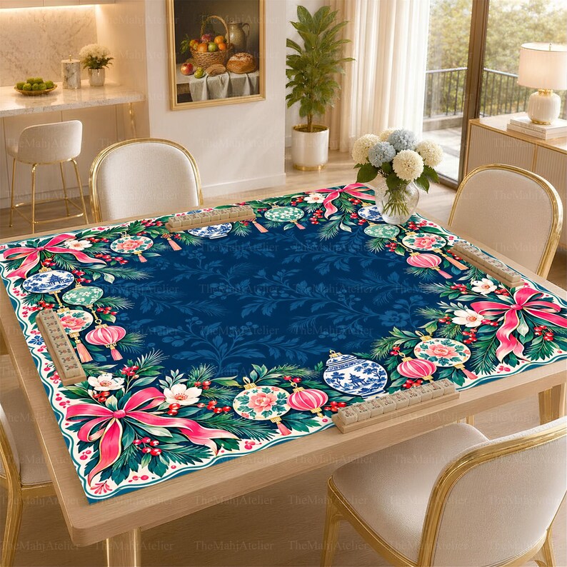 Navy Blue Chinoiserie Christmas Mahjong Mat, Pink Bow & Porcelain Ornament Game Mat, Non-slip Table Cover