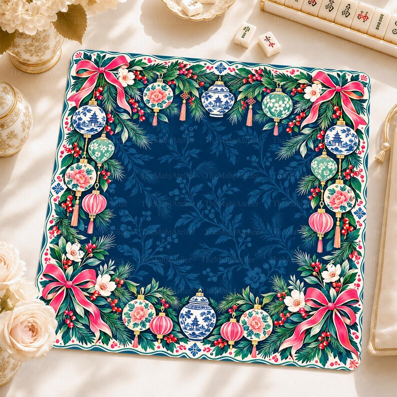 Navy Blue Chinoiserie Christmas Mahjong Mat, Pink Bow & Porcelain Ornament Game Mat, Non-slip Table Cover
