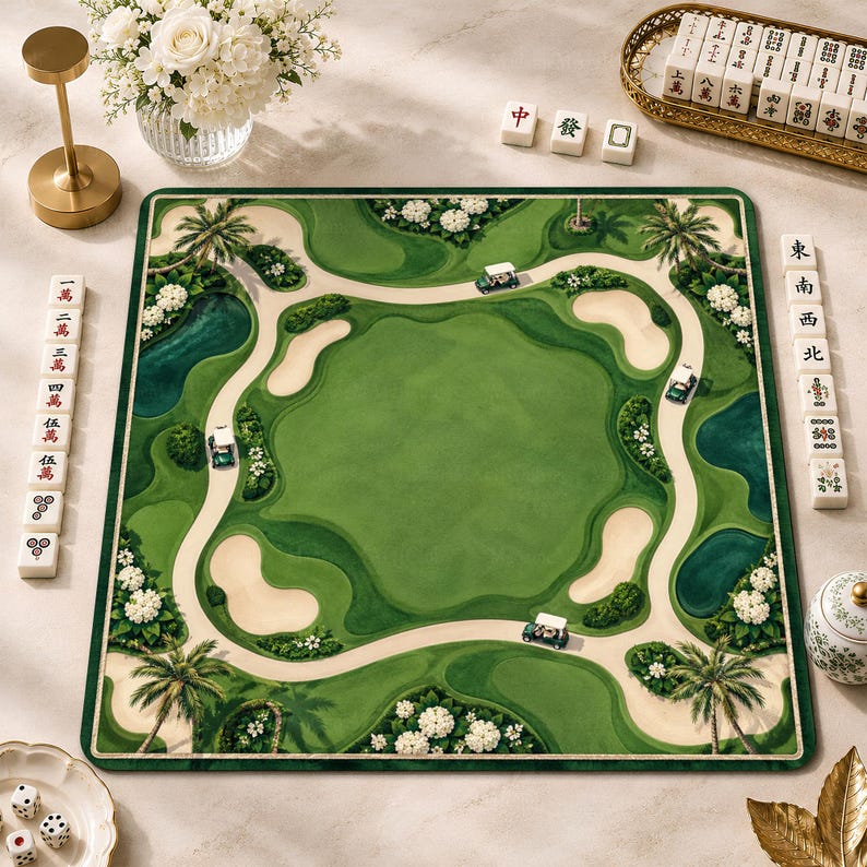 Forest Green Golf Course Mahjong Mat, Country Club Golf Game Mat, Non-slip Table Cover