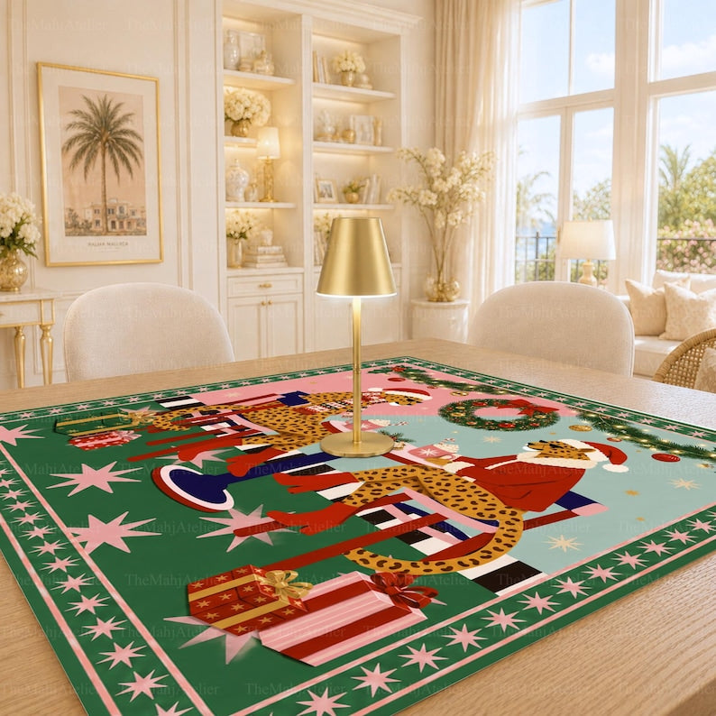 Pink & Green Christmas Leopard Mahjong Mat, Retro Holiday Cafe Game Mat, Non-slip Table Cover