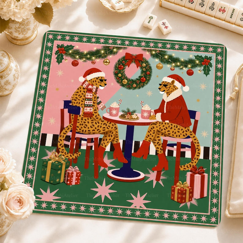 Pink & Green Christmas Leopard Mahjong Mat, Retro Holiday Cafe Game Mat, Non-slip Table Cover