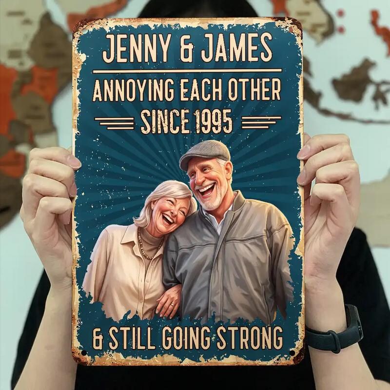 Personalized Couple Metal Sign, Custom Photo Caricature Anniversary Gift, Funny Married Couple Sign