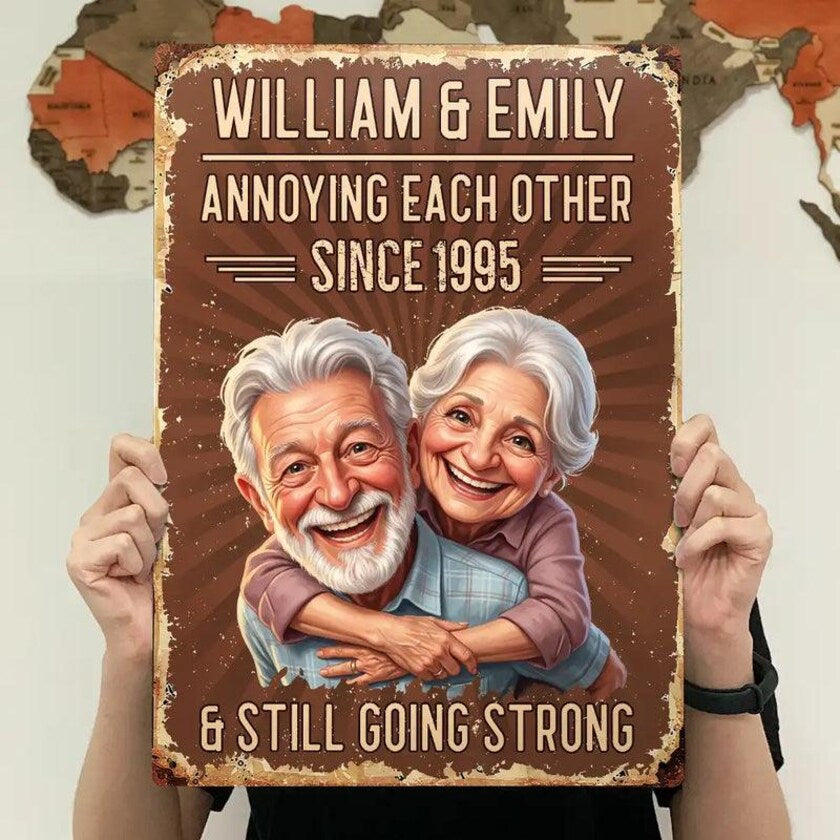 Personalized Couple Metal Sign, Custom Photo Caricature Anniversary Gift, Funny Married Couple Sign