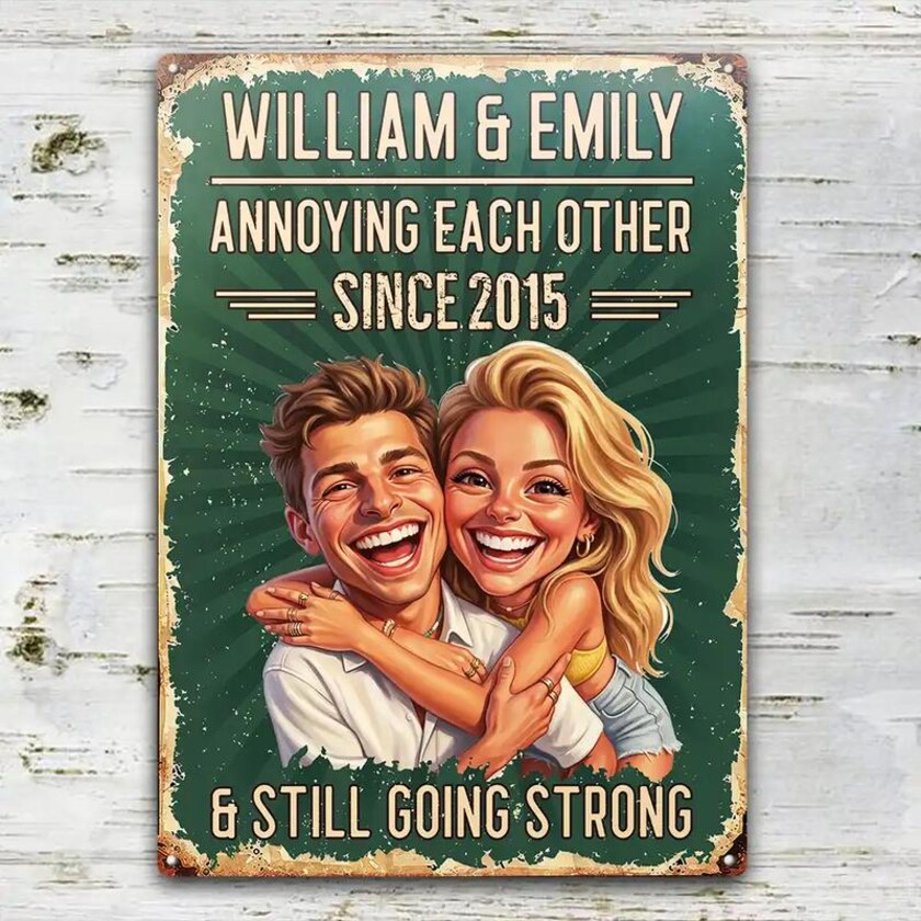 Personalized Couple Metal Sign, Custom Photo Caricature Anniversary Gift, Funny Married Couple Sign