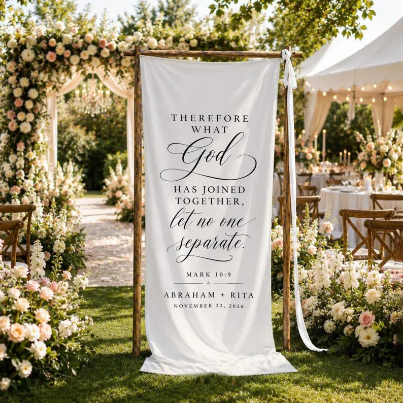 Personalized Christian Wedding Banner, Mark 10:9 Ceremony Decor