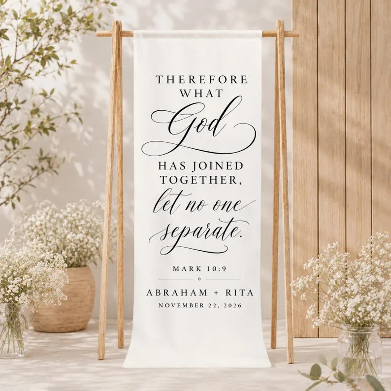 Personalized Christian Wedding Banner, Mark 10:9 Ceremony Decor