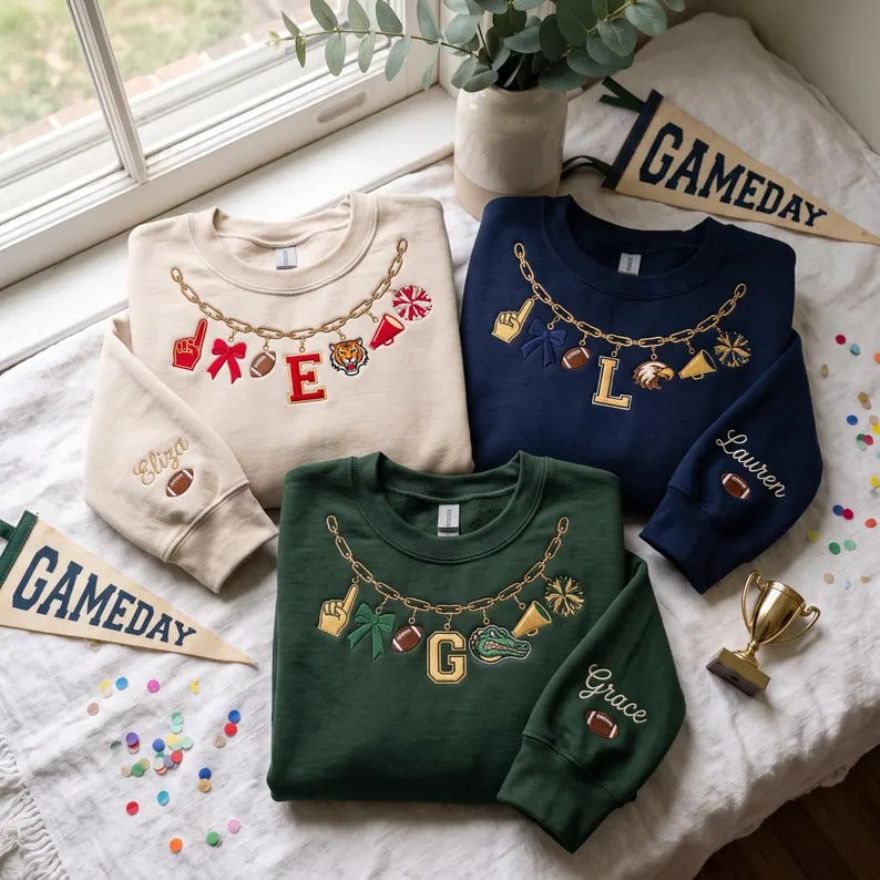 Embroidered Custom Mascot Necklace Sweatshirt, Personalized School Spirit Crewneck