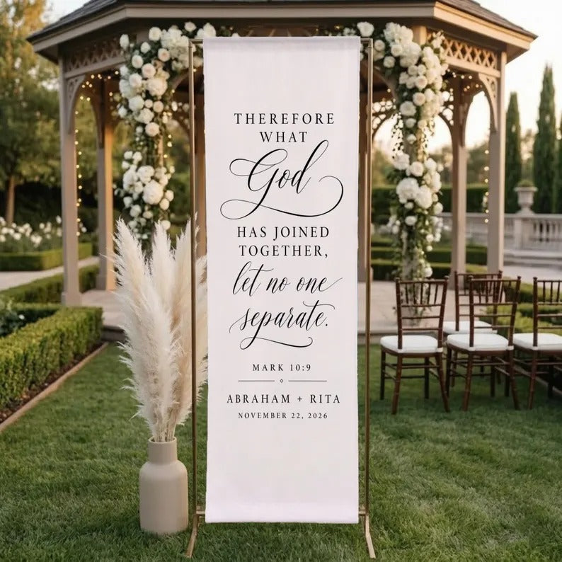 Personalized Christian Wedding Banner, Mark 10:9 Ceremony Decor