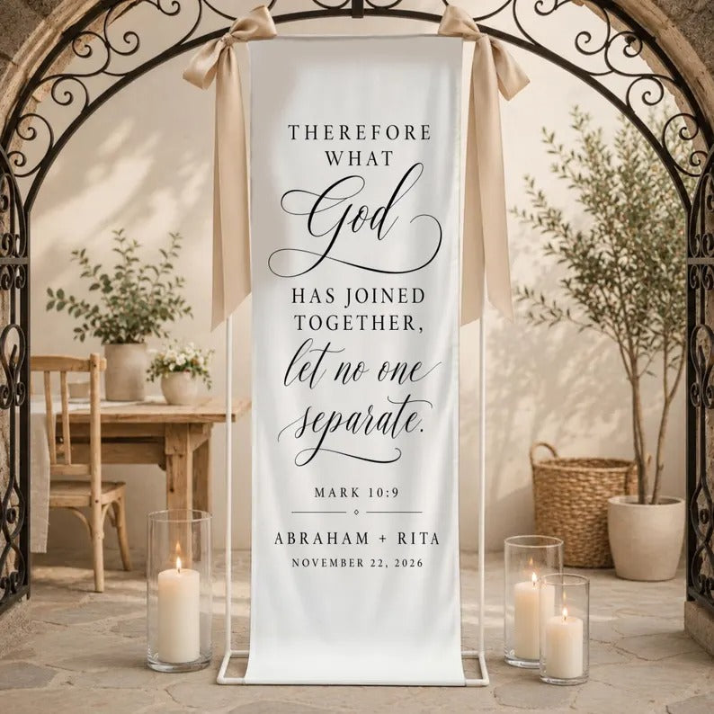 Personalized Christian Wedding Banner, Mark 10:9 Ceremony Decor