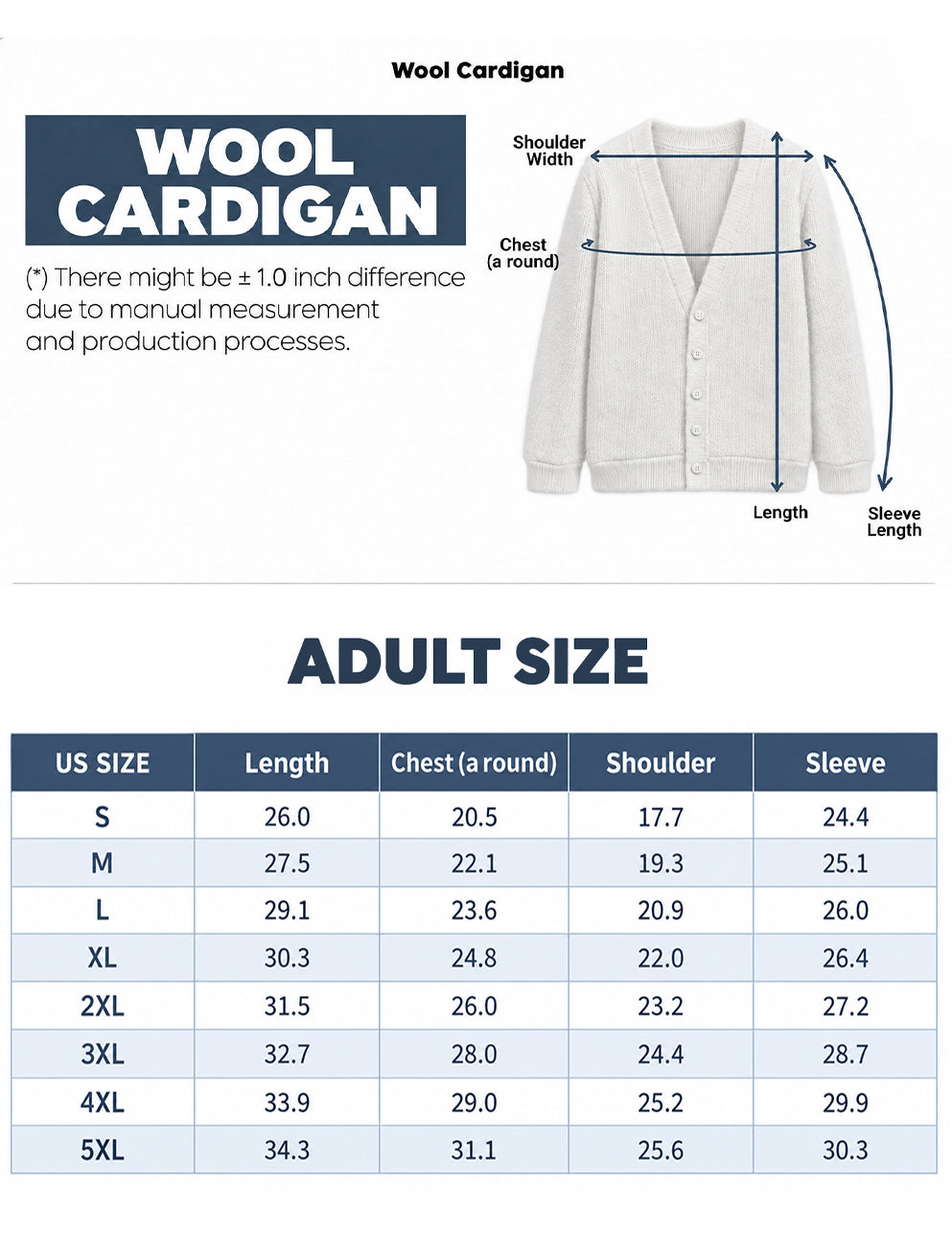Wool Cardigan size chart in inches