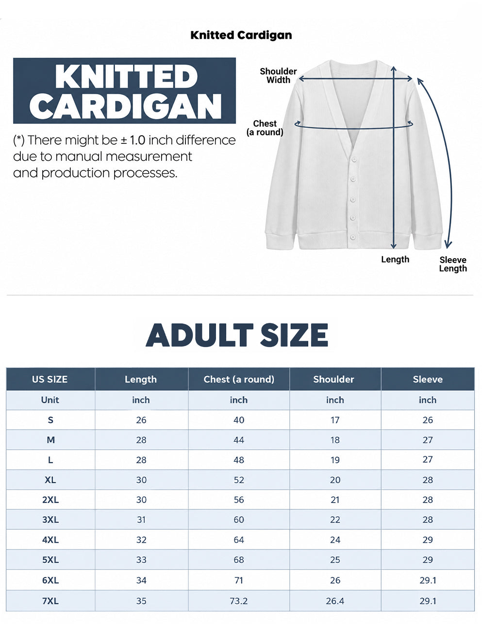 Knitted Cardigan size chart in inches