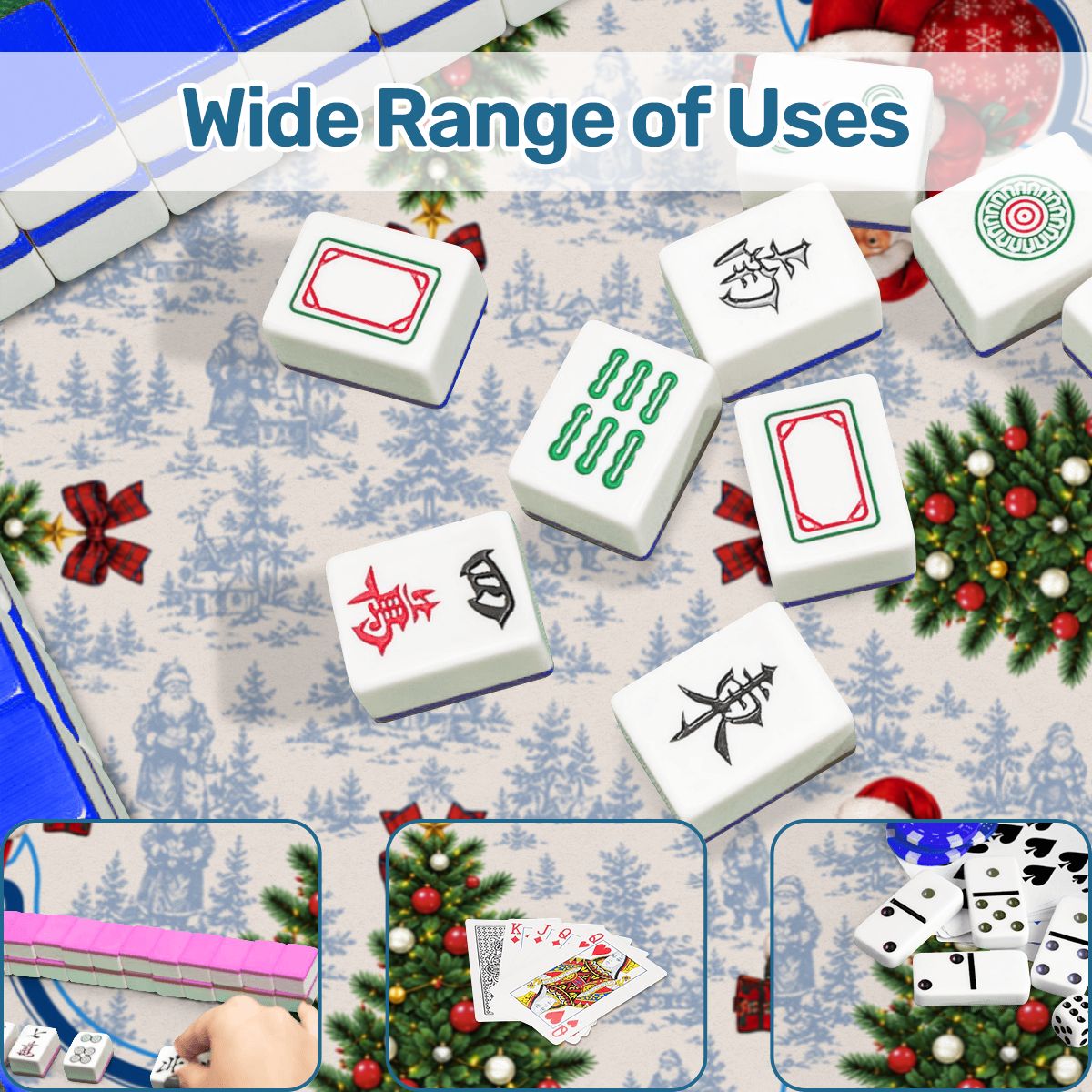 Christmas Santa Mahjong Mat, Luxury Blue White Festive Tartan Game Mat, Non-Slip Table Protect Cover