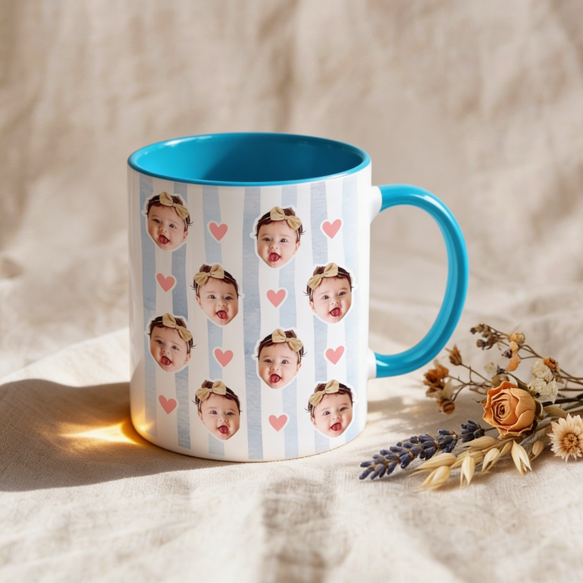 Personalized Baby Face Mug, Custom Photo Stripe Cup, New Parents Gift
