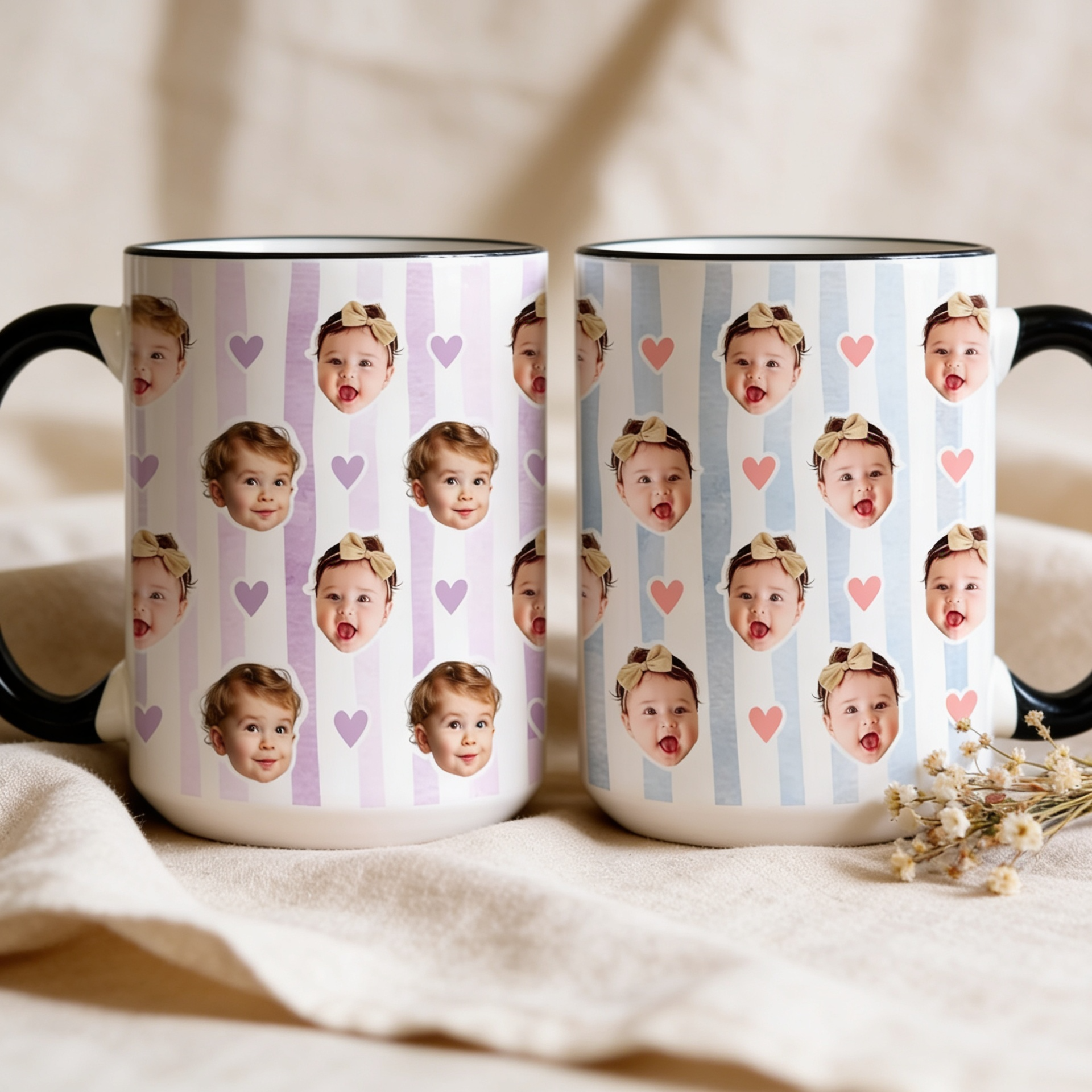 Personalized Baby Face Mug, Custom Photo Stripe Cup, New Parents Gift