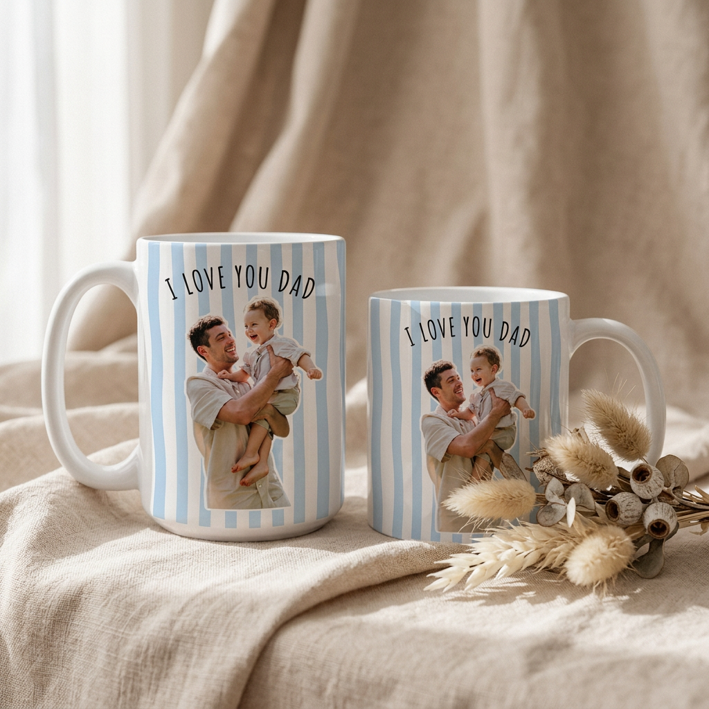 Custom Photo Striped Mug for Dad, Personalized Father and Son Picture Cup