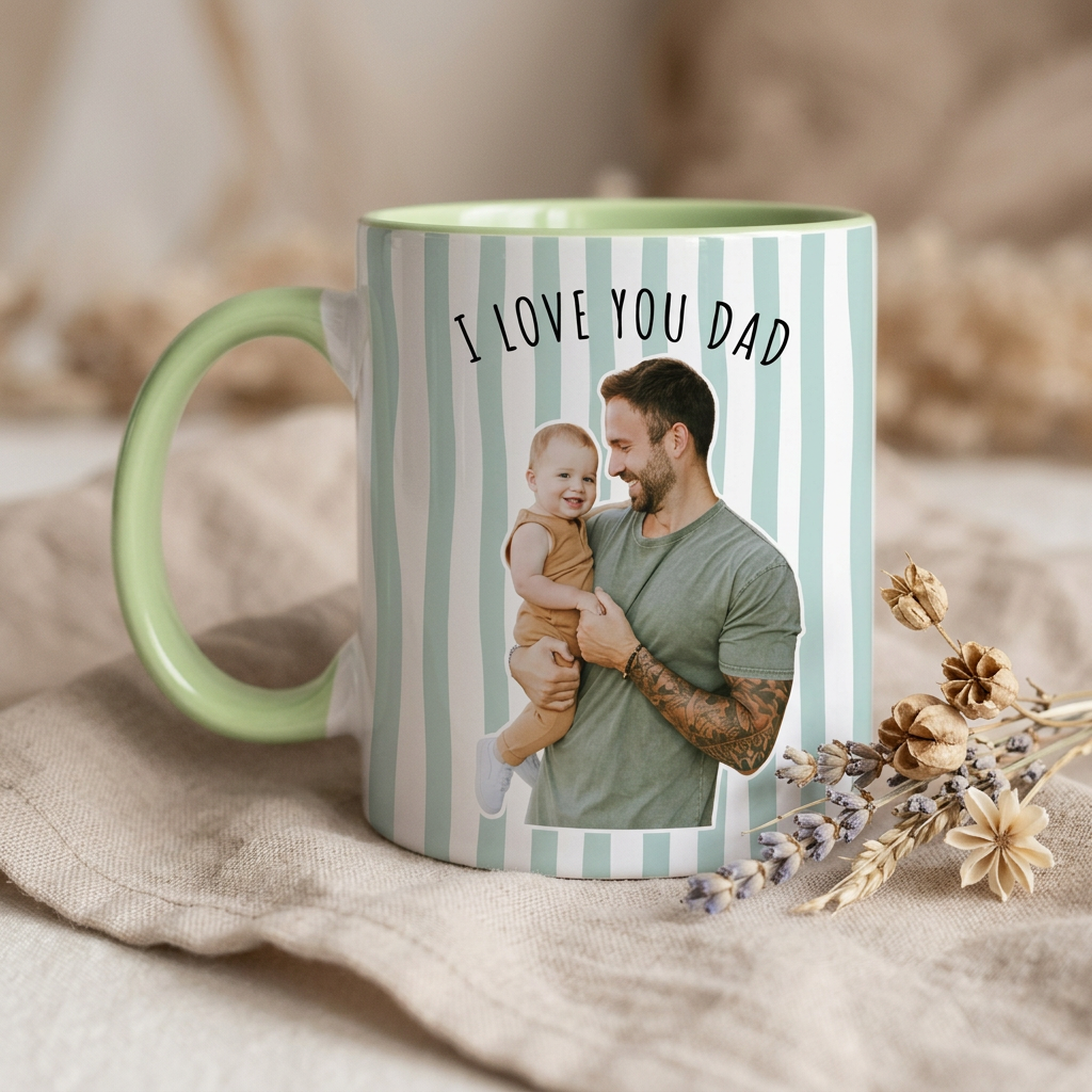 Custom Photo Striped Mug for Dad, Personalized Father and Son Picture Cup