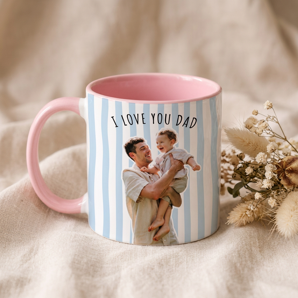 Custom Photo Striped Mug for Dad, Personalized Father and Son Picture Cup