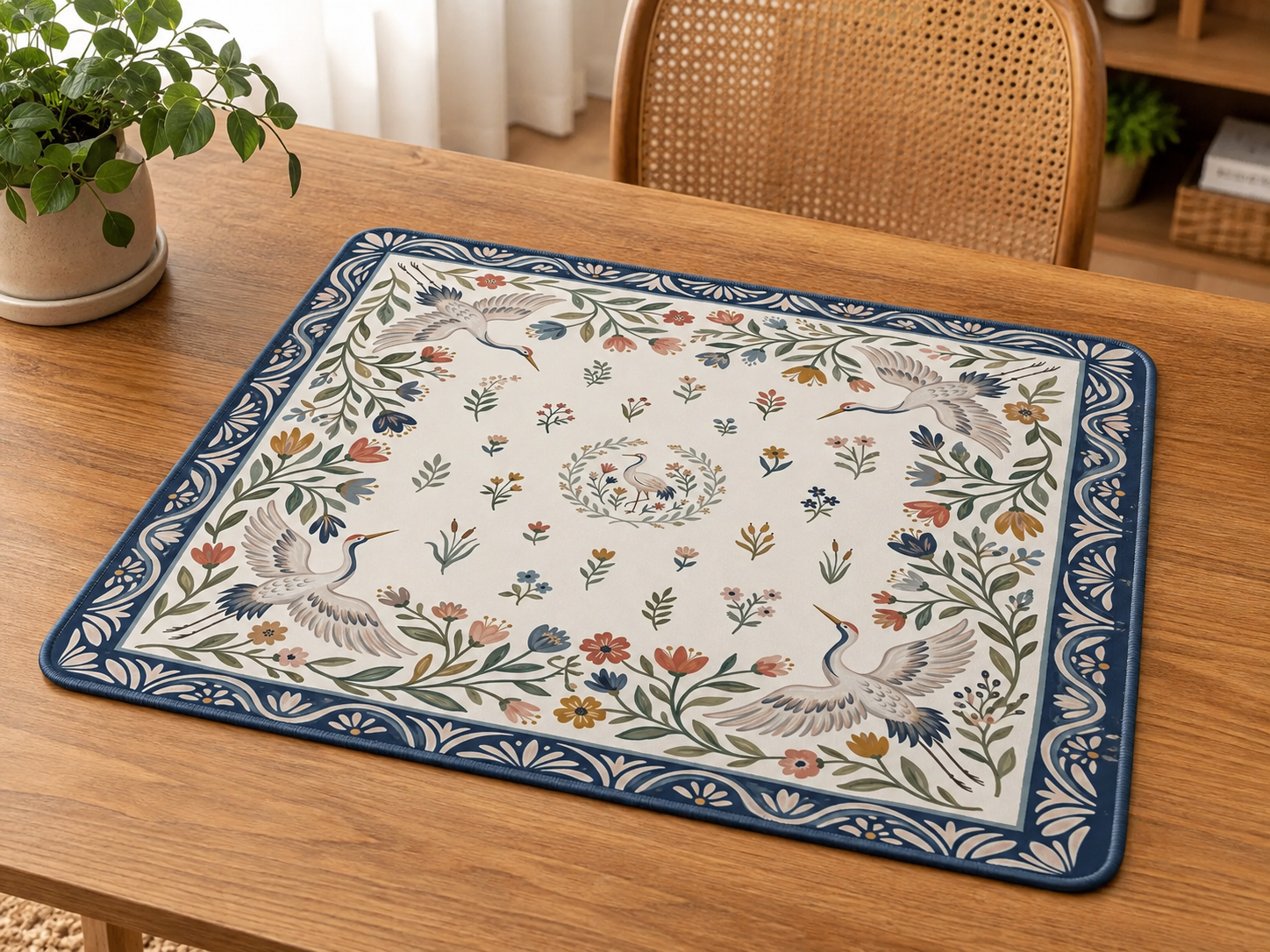Crane Garden Mahjong Mat, Folk Art Floral Game Mat, Custom Monogram Mahjong Mat, Colorful Botanical