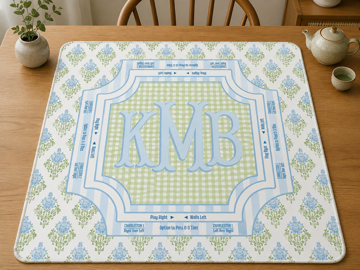 Custom Mahjong Mat, Personalized, Monogram, Letter, Initial, Preppy, Grand Millennial, Flowers, Plaid, Checker, Pastel, Blue Green