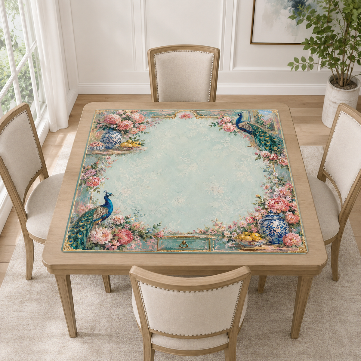 Peony Peacock Garden Mahjong Mat, American Mahjong Mat, Chinoiserie Floral Blue Vase, Grandmillennial Botanical Mahjong