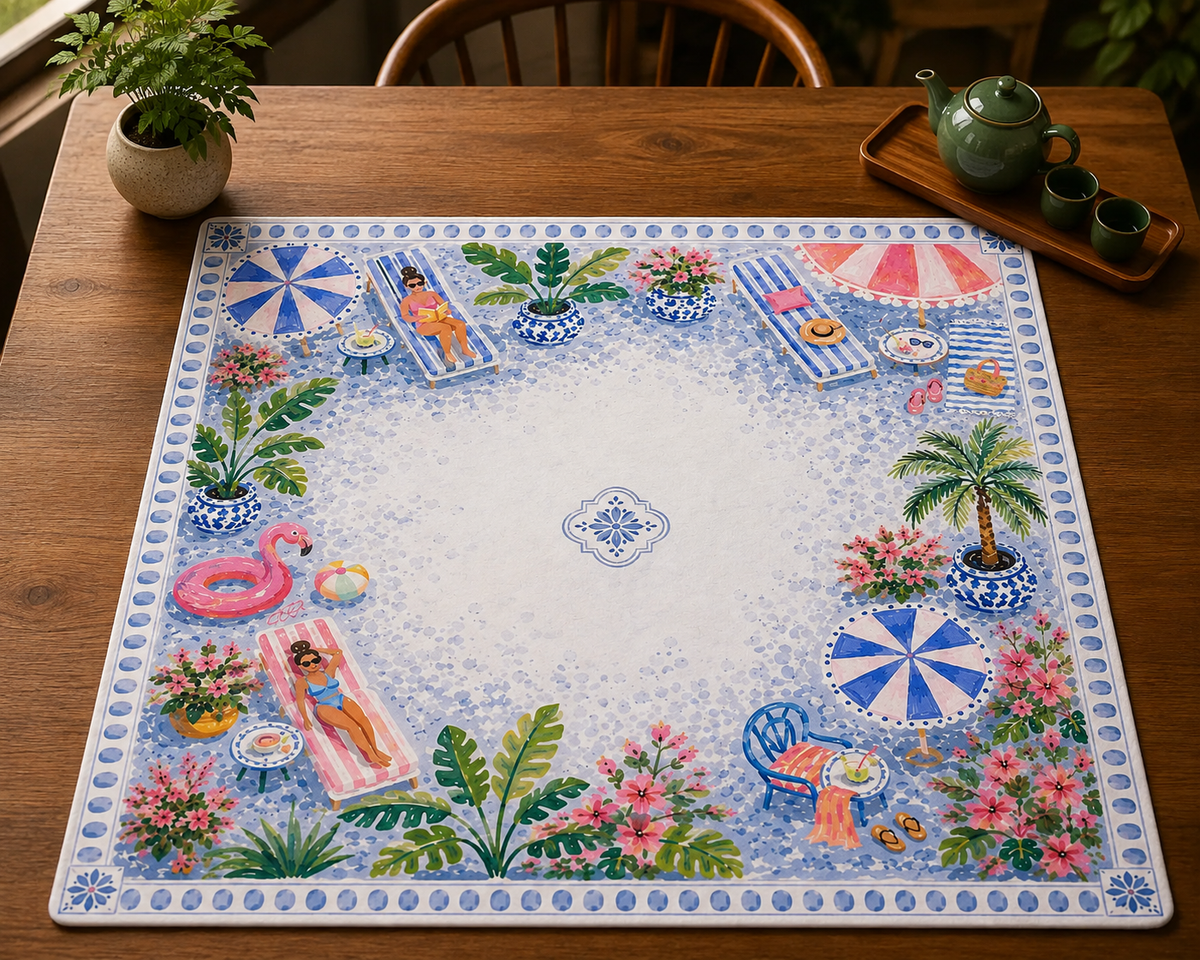The Blue Palm Beach Poolside Mahjong Mat, American Mahjong Mat, Blue Chinoiserie Resort