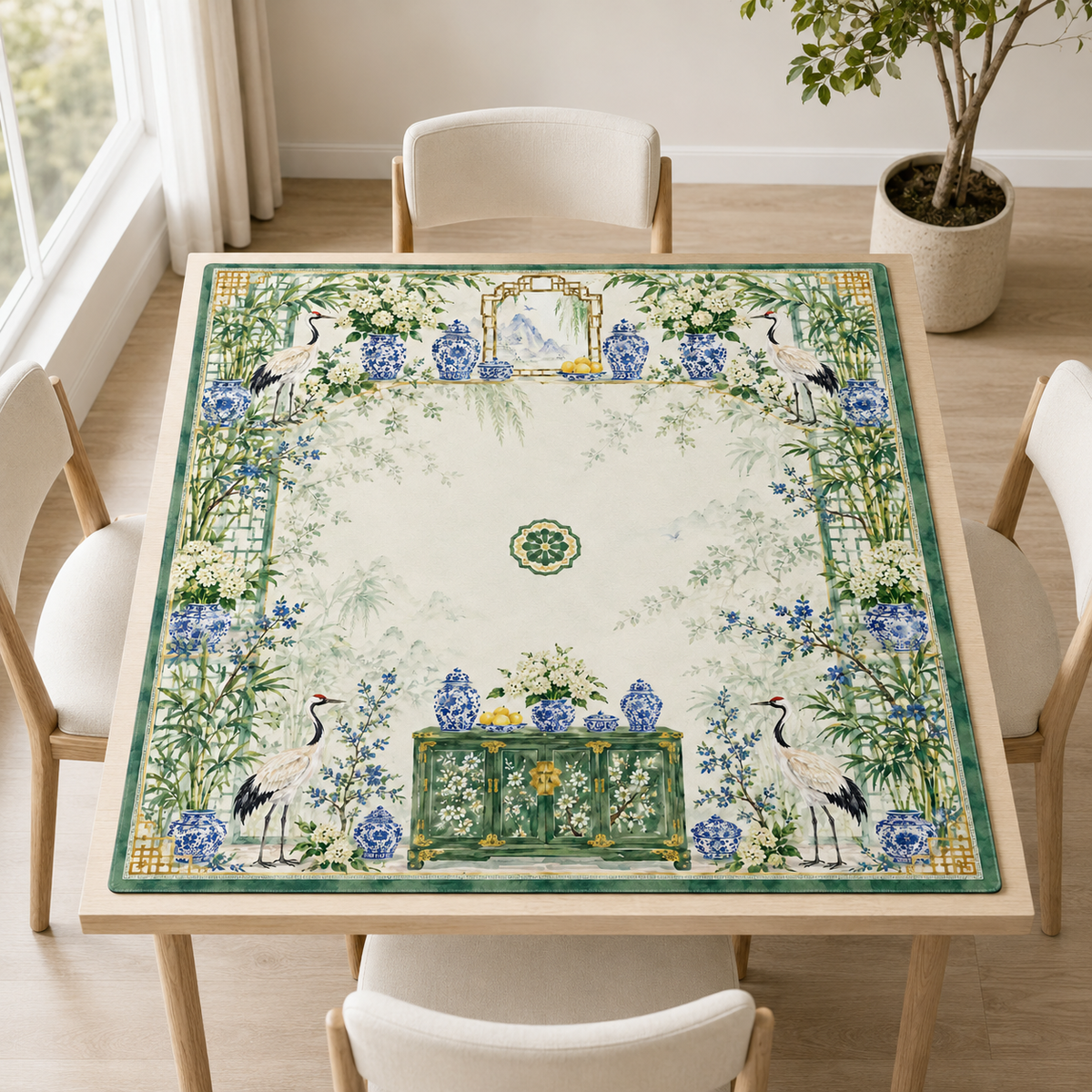 Green Chinoiserie Crane Mahjong Mat, American Mahjong Mat, Bamboo Garden Porcelain, Grandmillennial Mahjong Gift