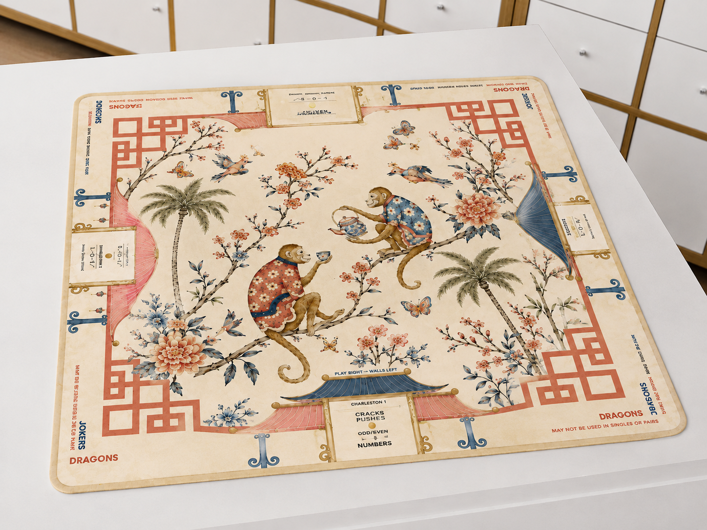 Monkey Chinoiserie Mahjong Mat, Oriental Art Table Cover, Game Night Accent