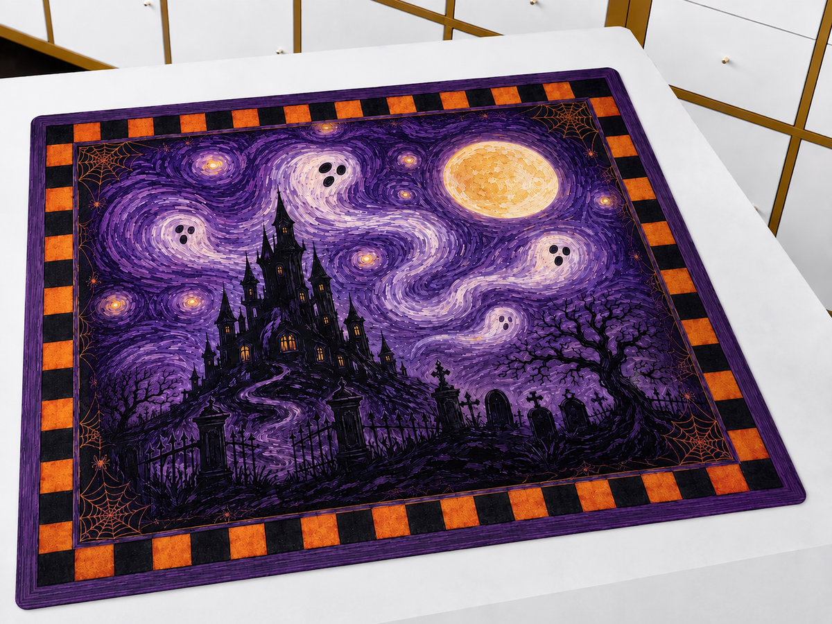 Spooky Halloween Game Mat For Tabletop, Gothic Castle Haunted House Art, Moonlit Cemetery Mahjong Mat