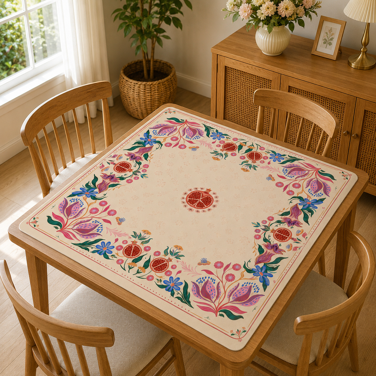Pomegranate Folk Art Mahjong Mat, American Mahjong Mat, Pomegranate Floral Border, Botanical Mahjong Gift