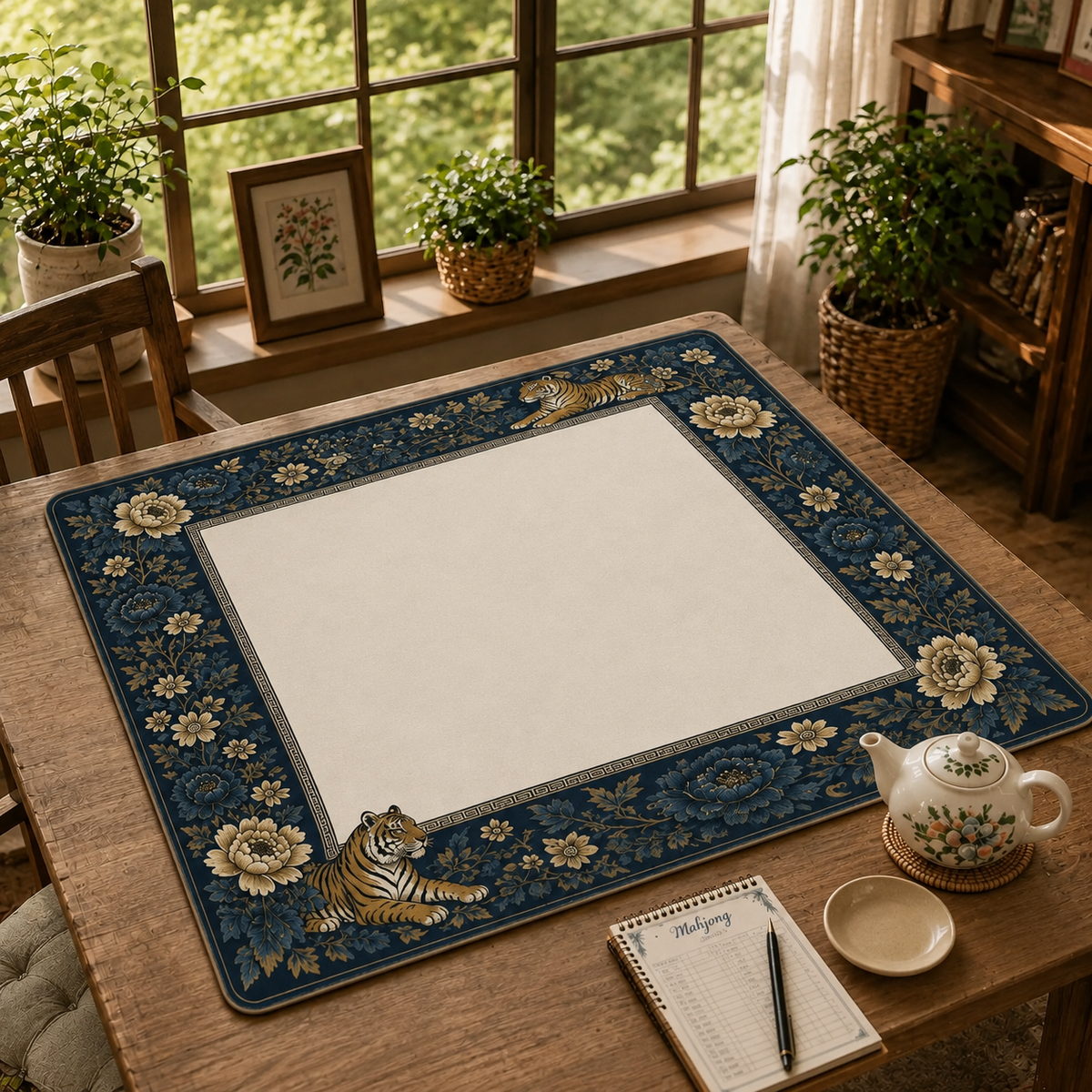 Tiger & Peony Mahjong Mat, Arts Game Mat, Victorian Botanical Non Slip Mat, for Novices And Experienced Players