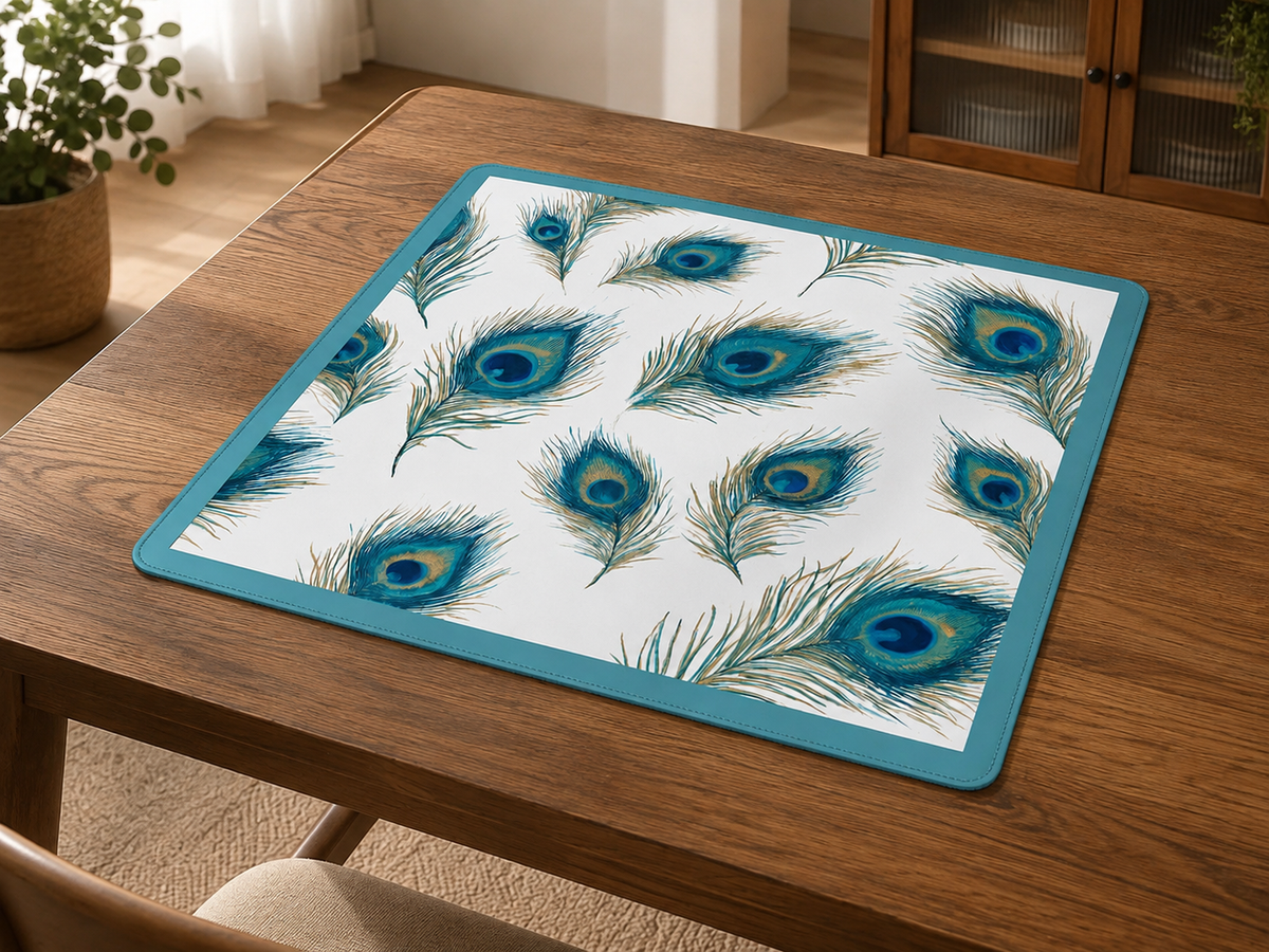 Peacock Feather Mahjong Mat, Non-Slip Game Table Mat
