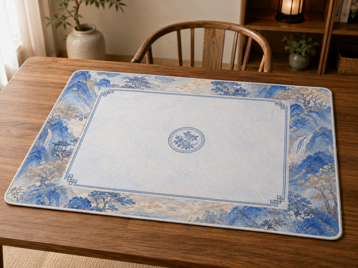 Blue Mountain Chinoiserie Mahjong Mat, American Mahjong Mat, Asian Landscape Garden, Pagoda Floral Mahjong Gift