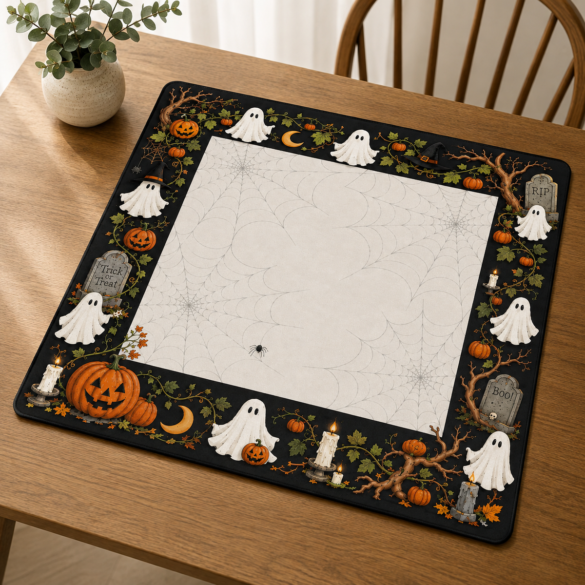 Spooky Halloween Mahjong Mat, Ghosts Pumpkins And Spiderwebs Mahjong Accessories