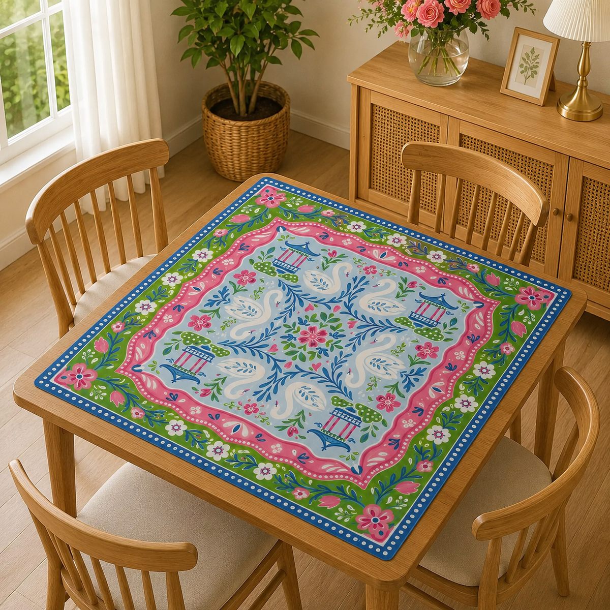 Pink Swan Chinoiserie Mahjong Mat, American Mahjong Mat, Green Floral Pagoda Game Mat, Preppy Grandmillennial Gift
