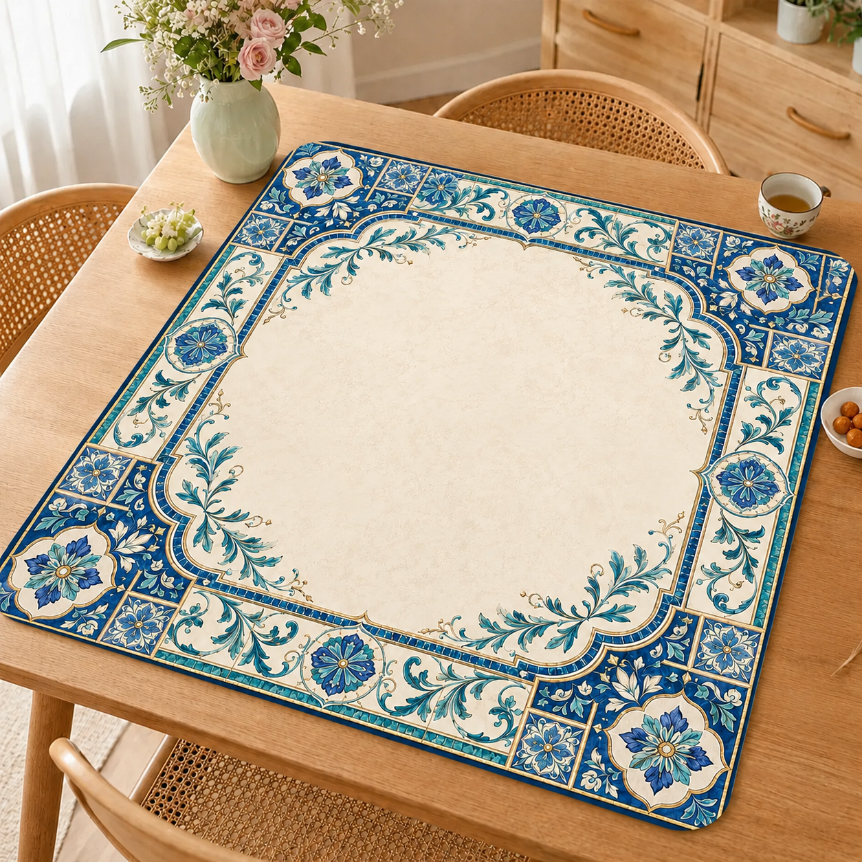 Blue Tile Mahjong Mat, Mediterranean Floral Mah Jongg Table Mat, Elegant Ceramic Pattern Game Mat