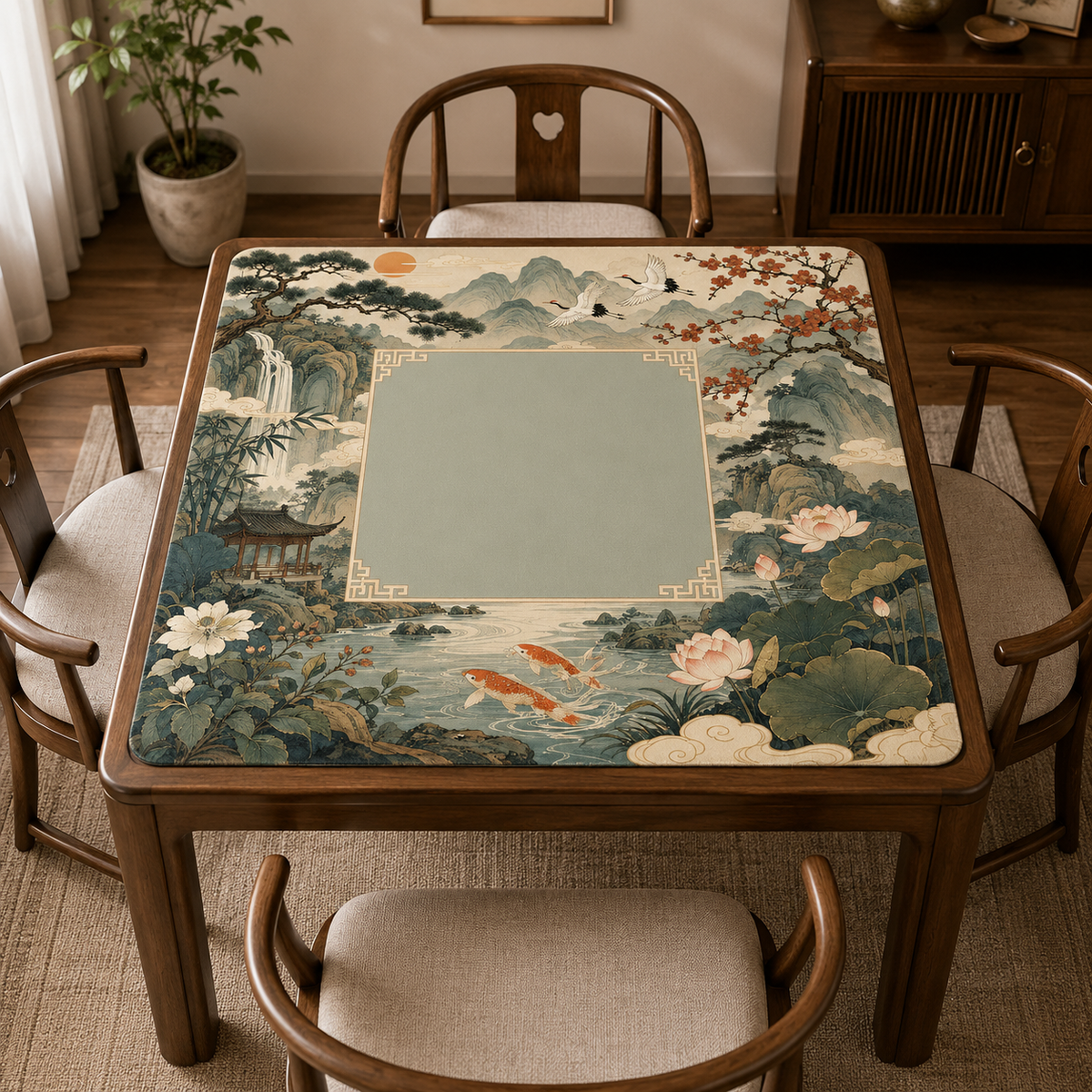 Chinese Landscape Mahjong Mat, Shan Shui Crane Koi & Lotus Pavilion Game Mat, Classical Chinese Art Non Slip
