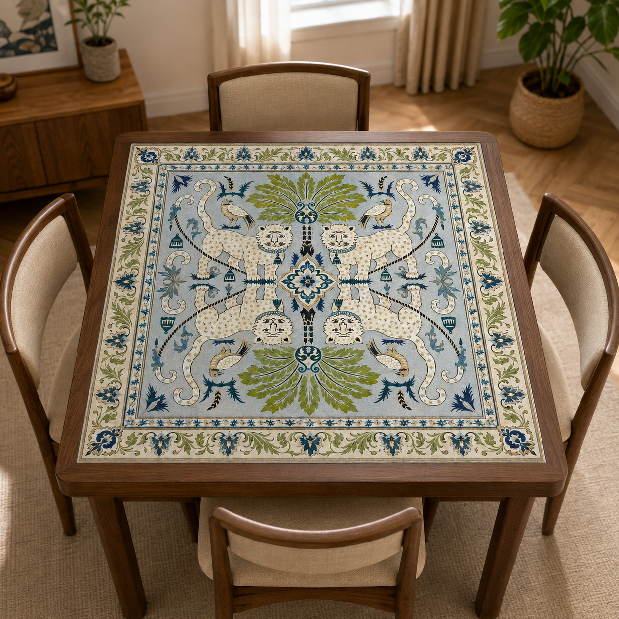 Chinoiserie Leopard Mahjong Mat, Jaguar Toile Mah Jongg Table Cover, Blue White Mahj Gift, Table Cover