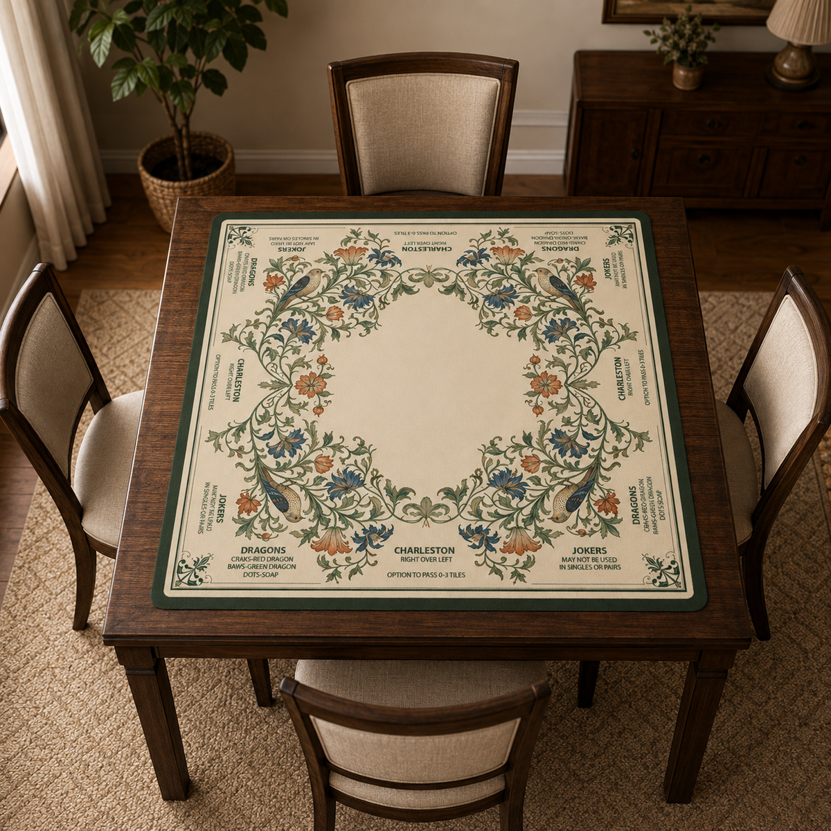 American Mahjong Mat and Bag with William Morris Inspired Birds and Flowers
