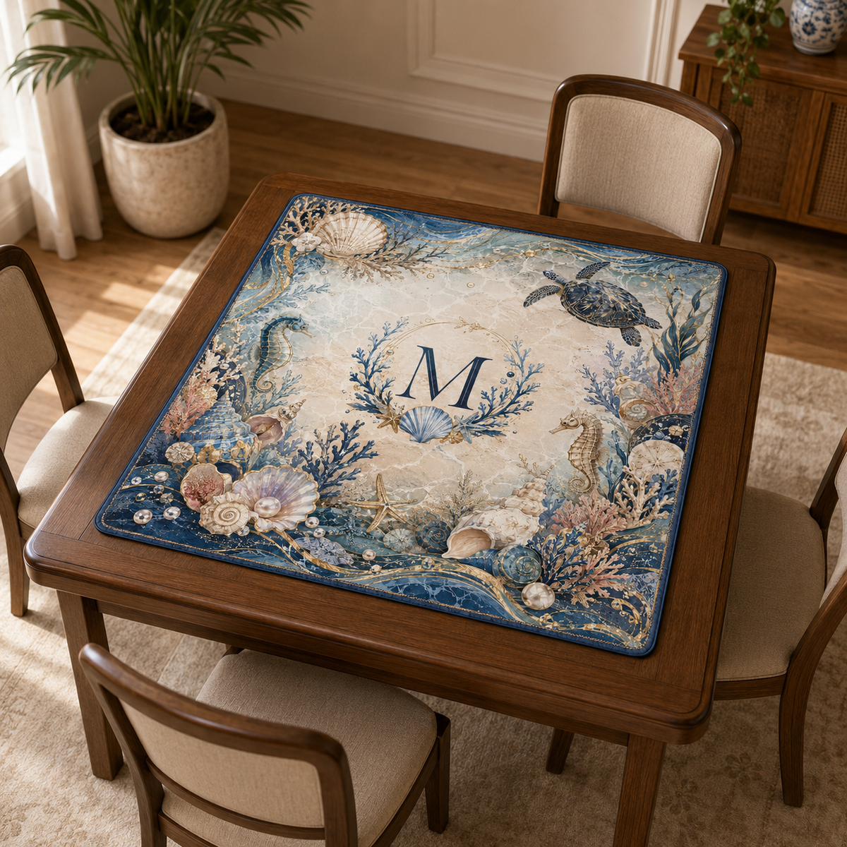 Personalized Ocean Mahjong Mat, Coastal American Mahjong Table Mat, Custom Initial Beach Game Mat, Mahjong Lover Gift