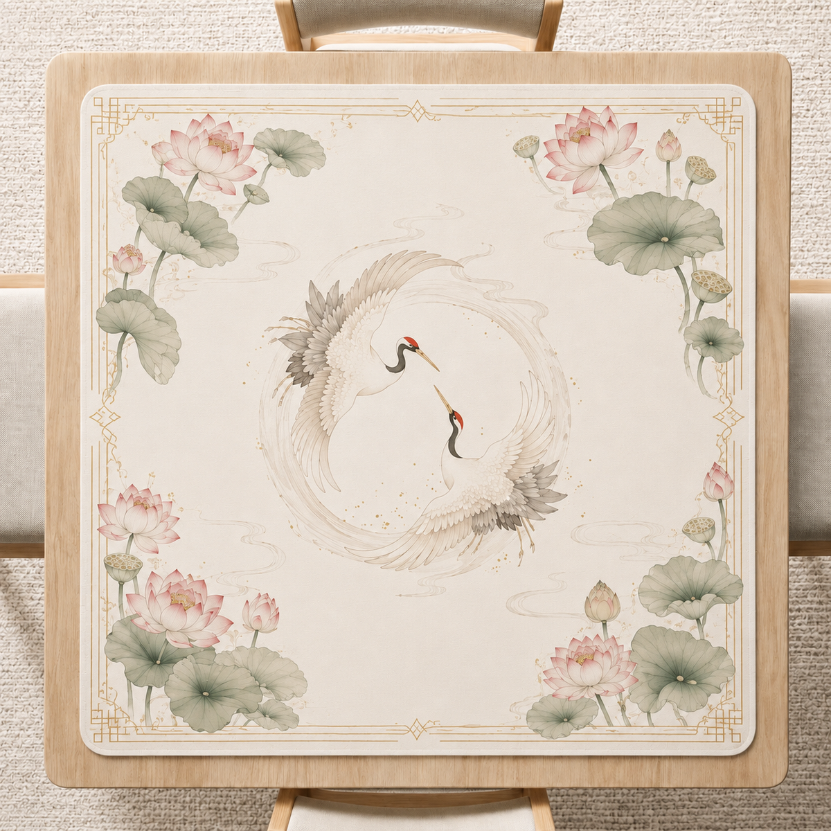 Elegant Mahjong Mat, Asian Koi Bamboo & Crane Lotus Game Mat, American Mahjong Table Mat, Soft Non Slip Mat