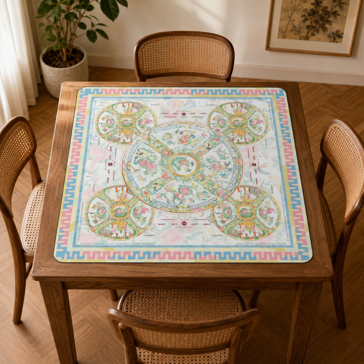 Canton Rose Mahjong Mat, Pastel Porcelain Medallion Game Mat with Charleston Guide, Non-Slip Mah Jongg Table Cover