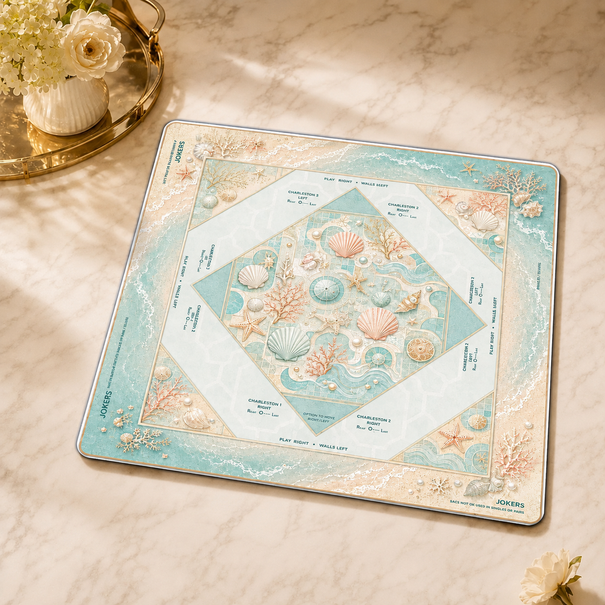 Coastal Seashell Mahjong Mat with Rules, Mother of Pearl, Coral Beach Hostess Gift, Non Slip Cover