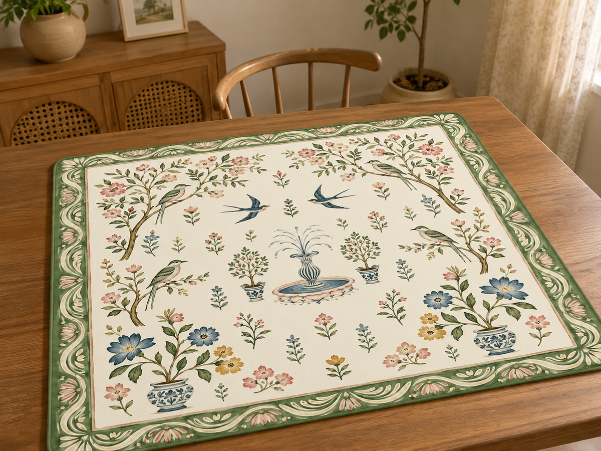 Botanical Bird Garden Mahjong Mat, American Mahjong Mat, Chinoiserie Floral Fountain, Sage Green Grandmillennial Gift