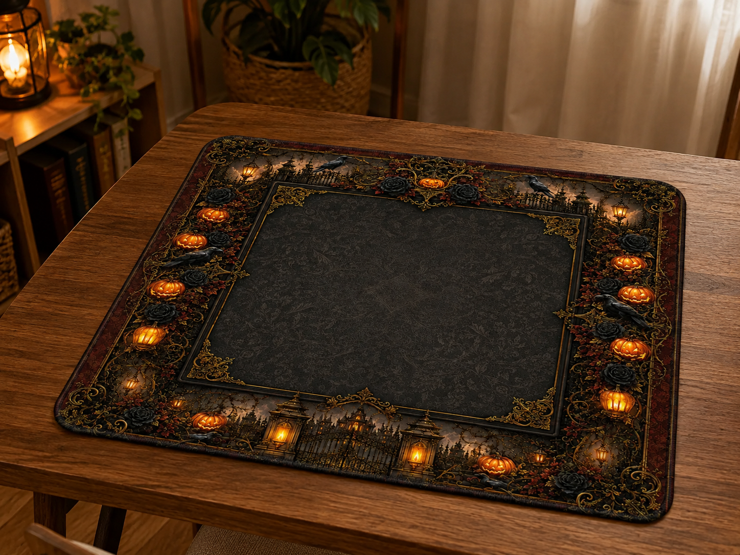 Mahjong Mat, Dark Pumpkin Mah Jongg Table Mat, Haunted Garden Game Mat, Gothic Raven Halloween