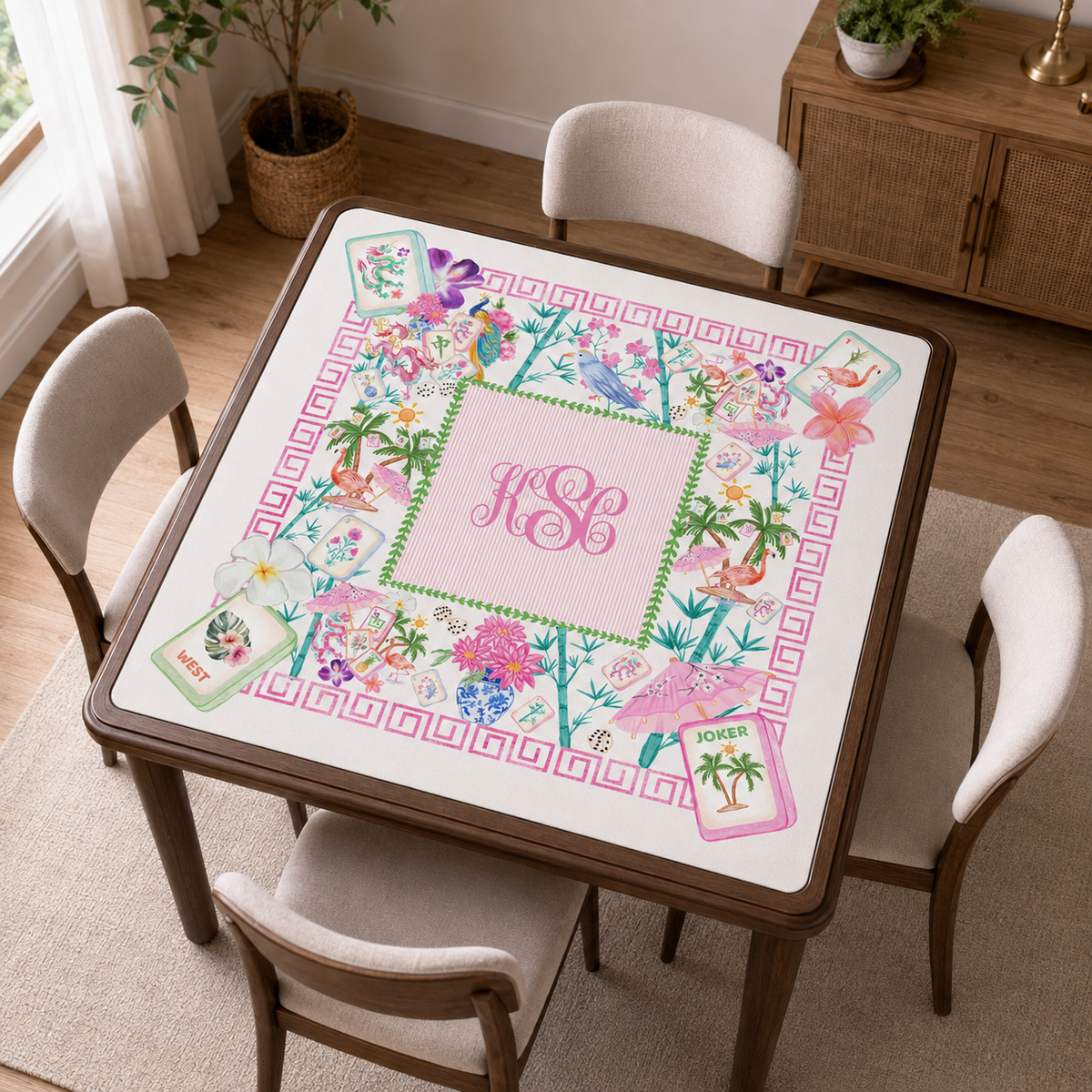Personalized Monogram Printed Majiong Mat, Luxurious Mahjong Table Cover, Tropical Table Cover