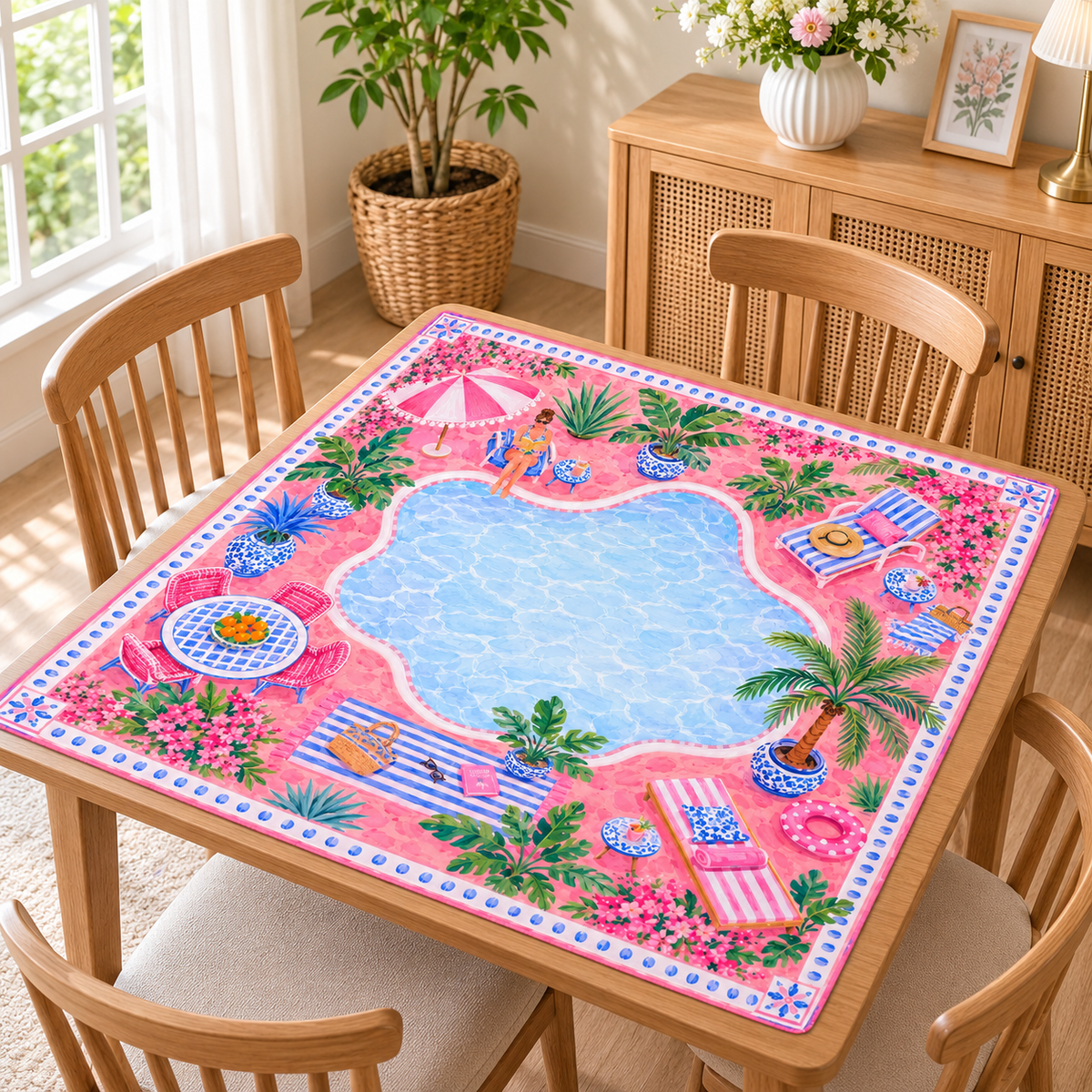 Palm Beach Poolside Mahjong Mat, American Mahjong Mat, Pink Resort Cabana Garden, Tropical Chinoiserie Mahjong Gift