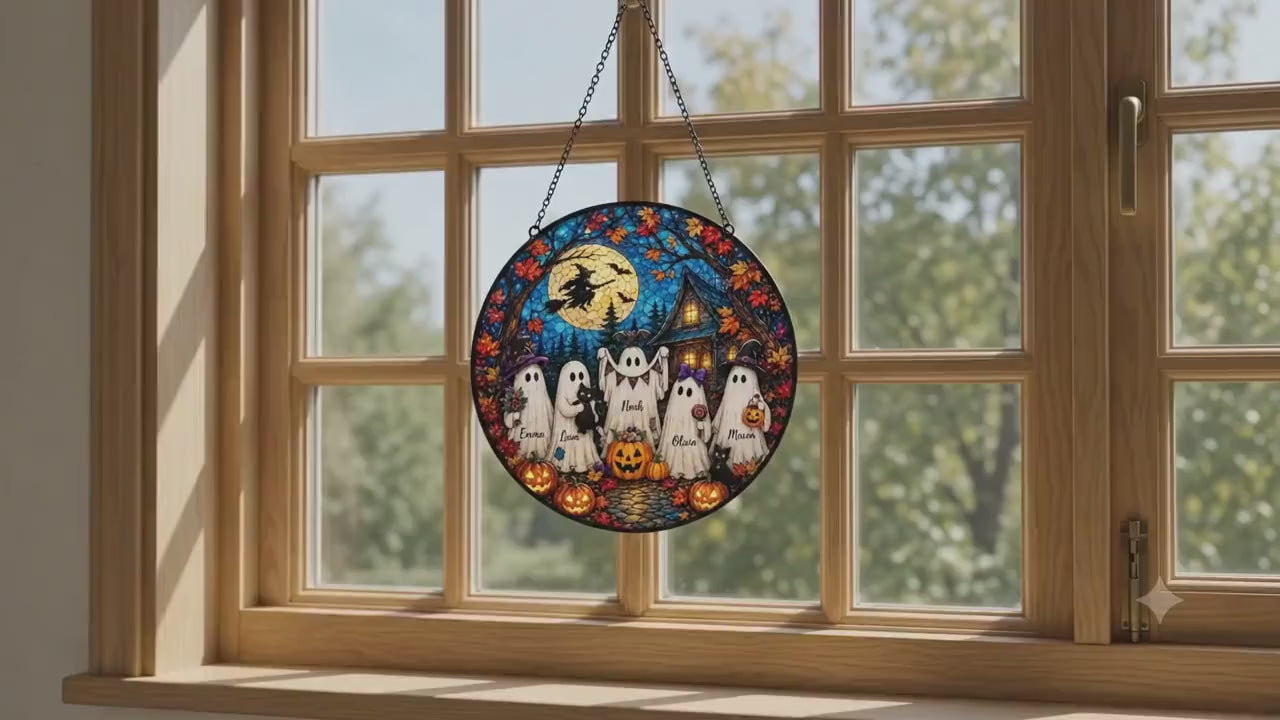 Personalized Halloween Ghost Family Suncatcher, Custom Name Stained Glass Window Hanging, Spooky Fall Decor