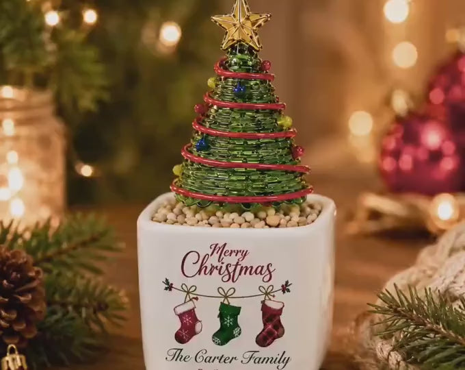 Personalized Mini Glass Christmas Tree in Ceramic Pot, Custom Family Name Holiday Tabletop Decor